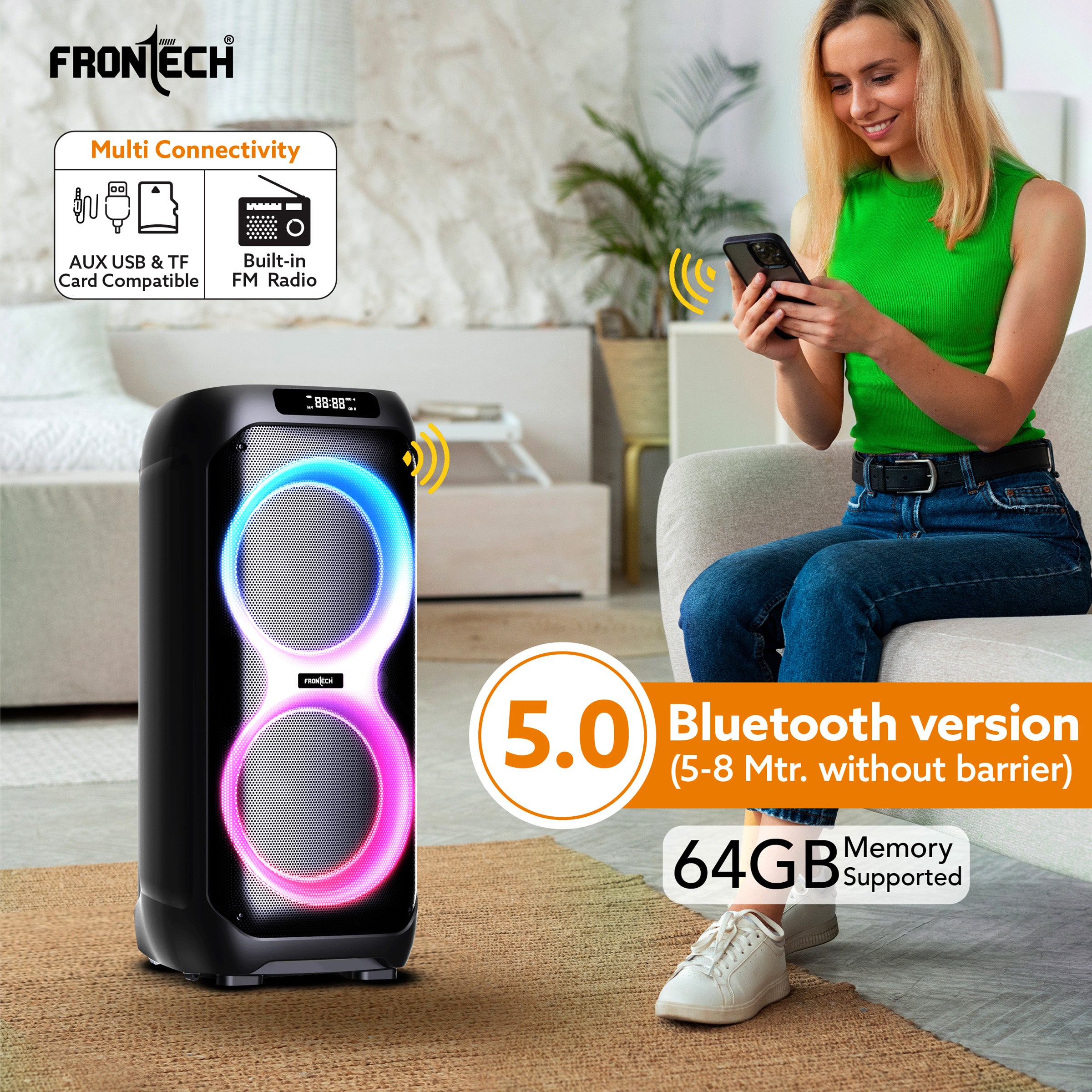 FRONTECH SMASH PRO-22P 100W Portable Party Speaker | True Wireless| Karaoke Function with Wireless Mic | RGB LED Disco Lighting | Bluetooth 5.0 | FM Radio| USB, TF, AUX| Type-C Charging Port | 1 Year Limited Warranty (SW-0022P) FRONTECH SMASH PRO-22P 100W Portable Party Speaker | True Wireless| Karaoke Function with Wireless Mic | RGB LED Disco Lighting | Bluetooth 5.0 | FM Radio| USB, TF, AUX| Type-C Charging Port | 1 Year Limited Warranty (SW-0022P)